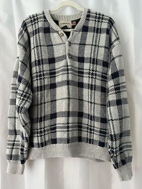 Old Glory Liberty Plaid Henley Crewneck 100% Cotton Grandpa Sweater - USA